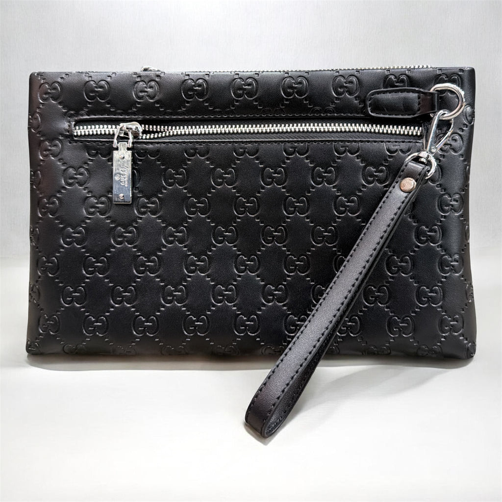Black Embossed Monogram Wristlet Clutch Bag
