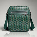 Goyard green Goyardine canvas crossbody bag with front zip pocket and adjustable strap.