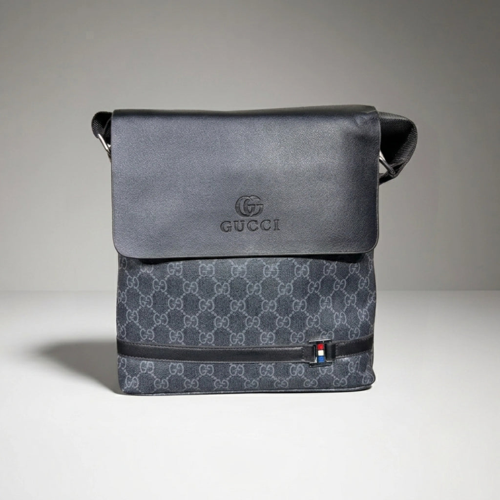 Gucci GG Supreme canvas flap messenger bag with embossed logo flap and shoulder strap.