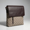 Gucci GG beige canvas flap messenger bag with brown leather flap and vertical zip pocket.