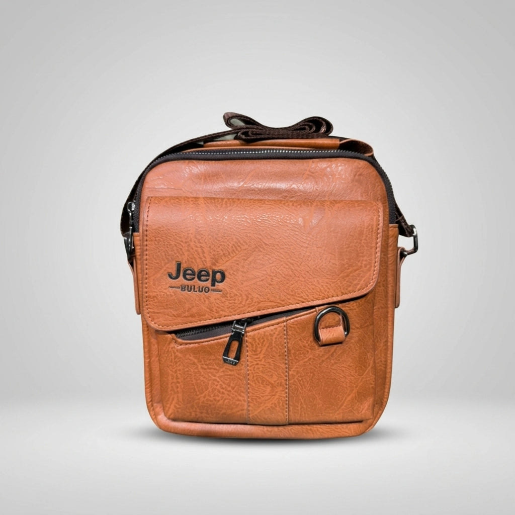 Jeep Buluo brown textured leather crossbody bag with front diagonal zip pocket and flap.