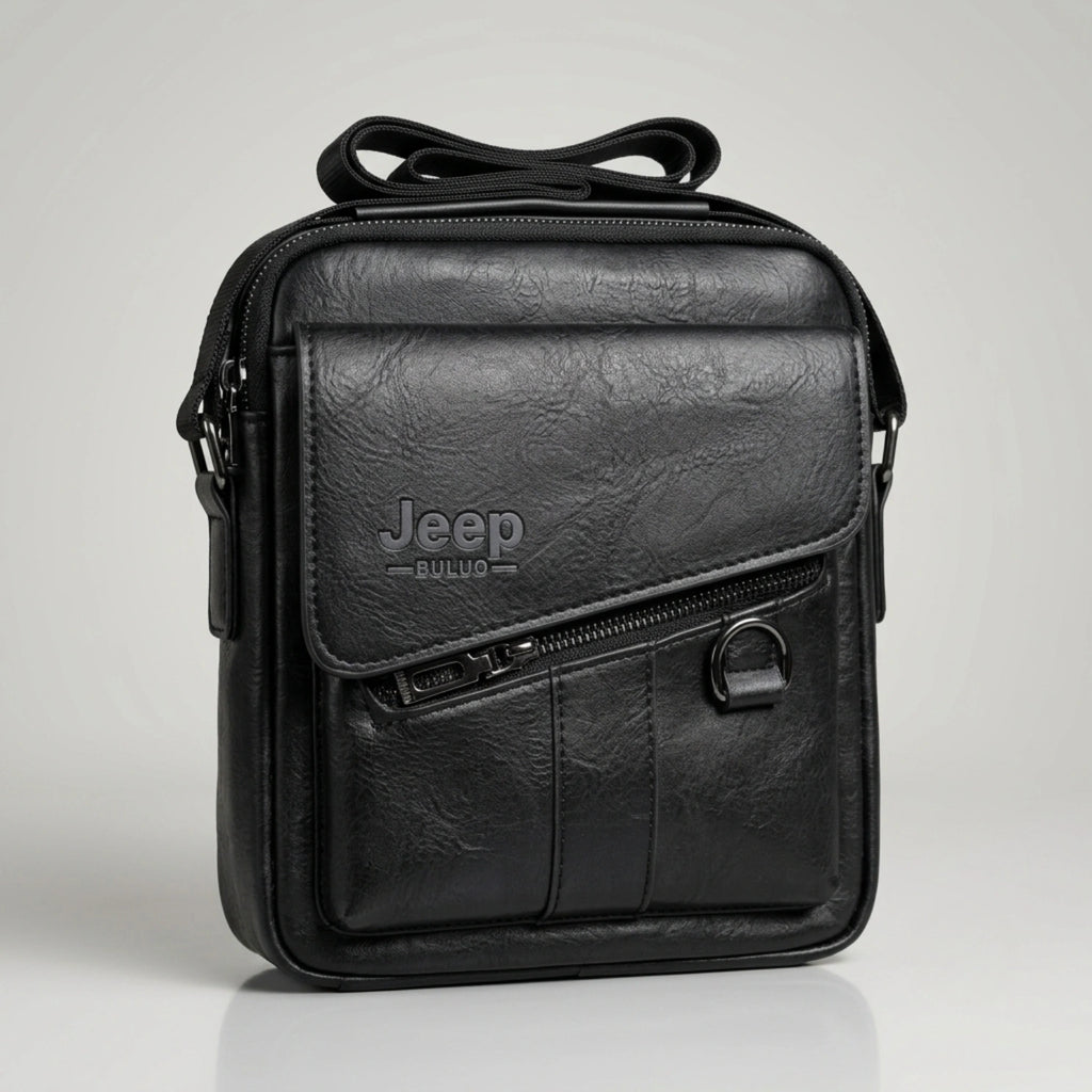 Jeep Buluo brown textured leather crossbody bag with front diagonal zip pocket and flap.