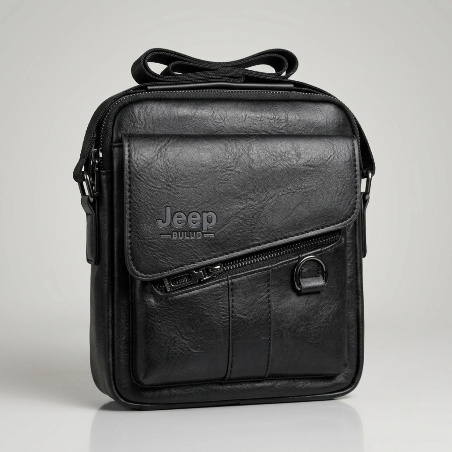 Jeep Buluo brown textured leather crossbody bag with front diagonal zip pocket and flap.