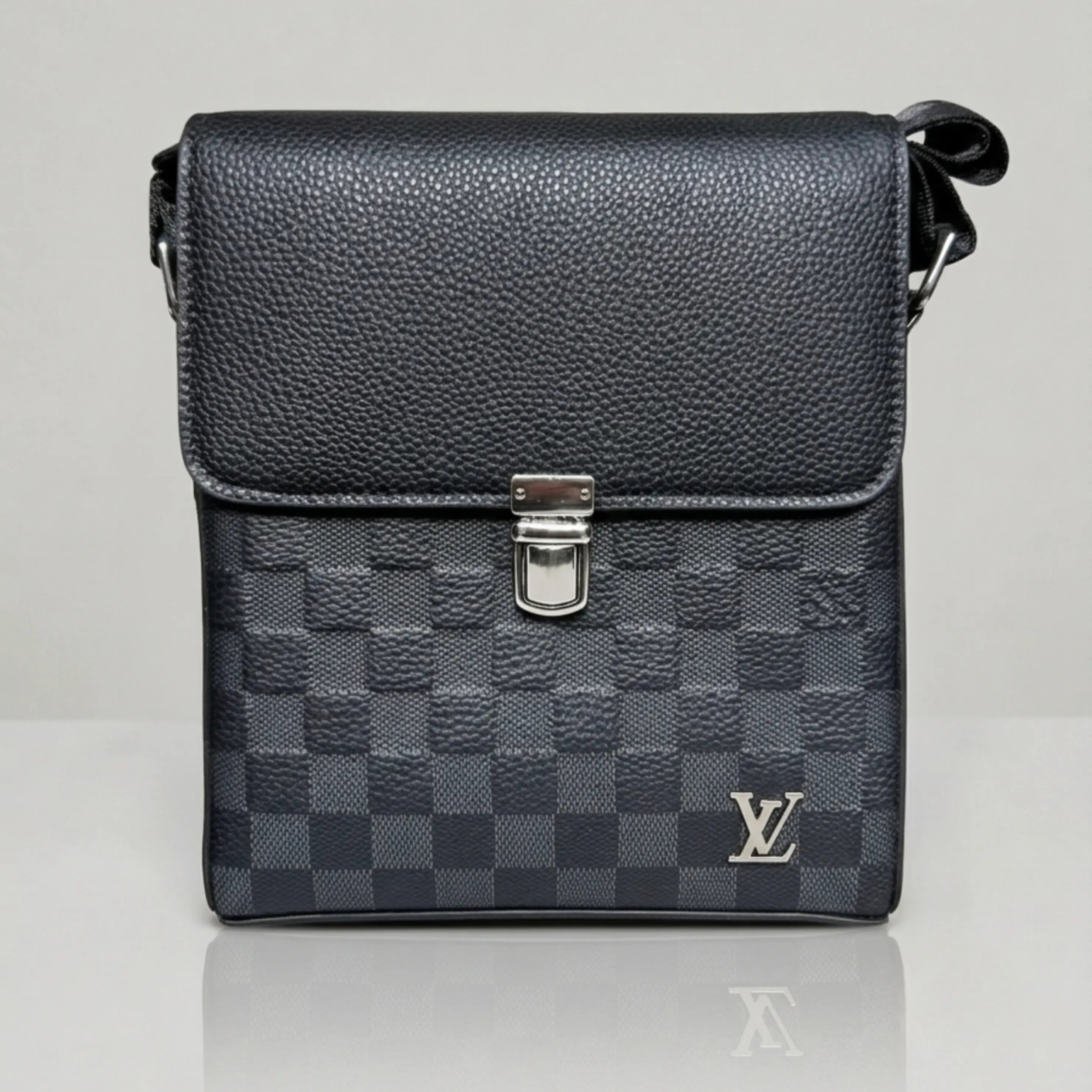 Louis Vuitton Damier check flap messenger bag with metal push lock closure.