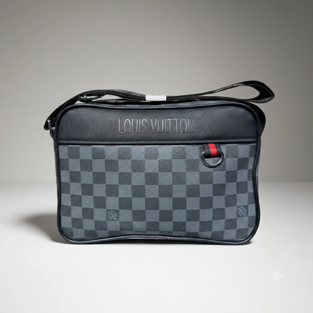 Louis Vuitton Damier Graphite canvas messenger bag with red accent D ring and shoulder strap.
