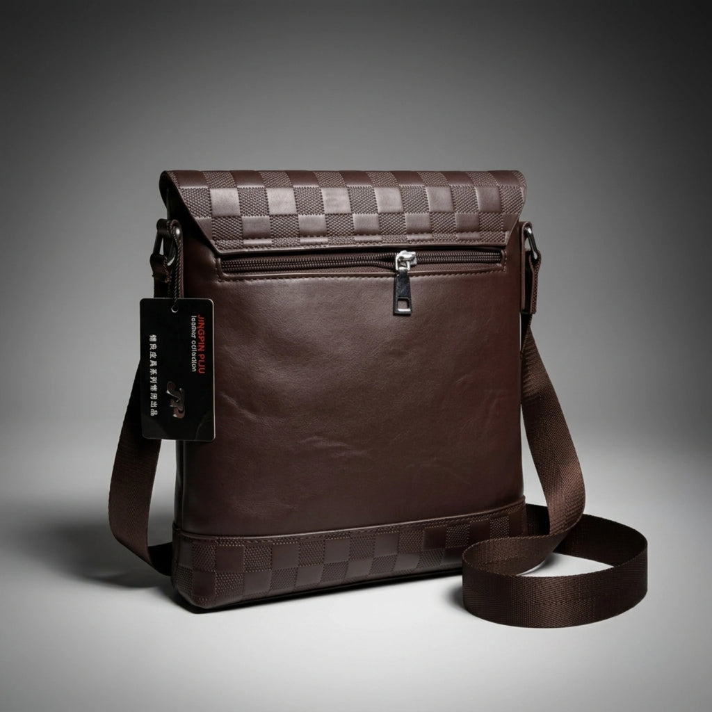 Louis Vuitton brown Damier Infini leather flap messenger bag with metallic logo plaque.