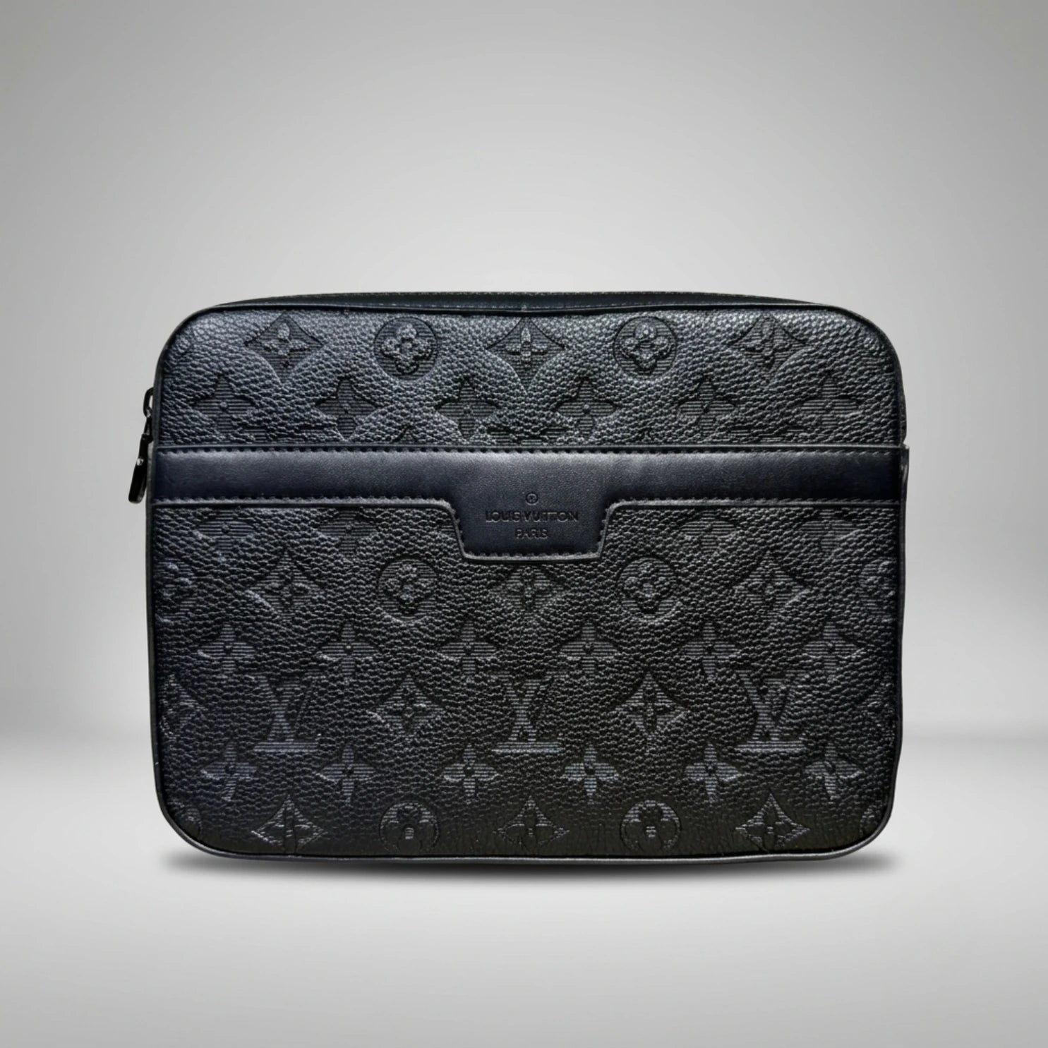 Louis Vuitton black Monogram Empreinte leather clutch bag with smooth leather trim band.