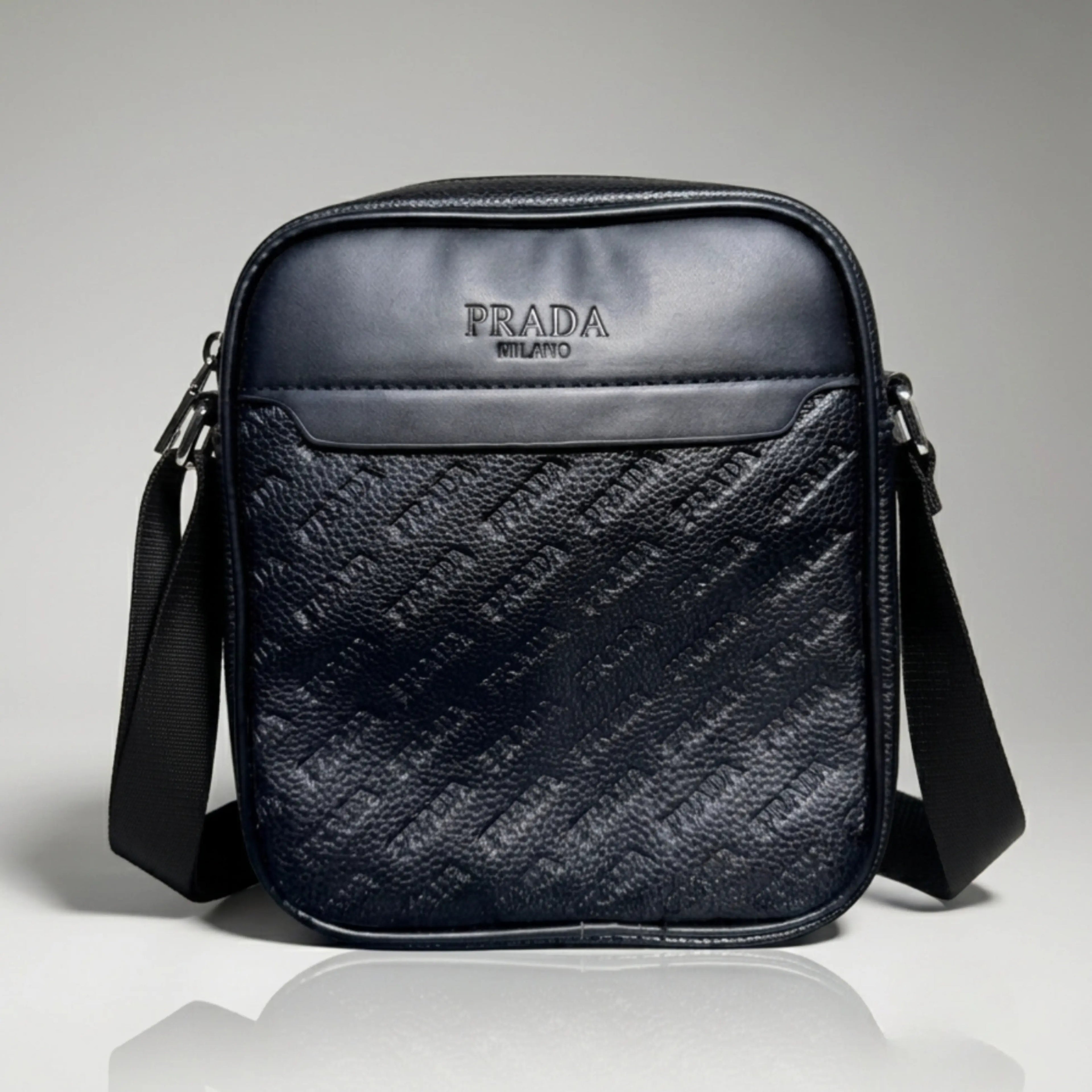 prada black monogram embossed leather crossbody bag with an adjustable strap.